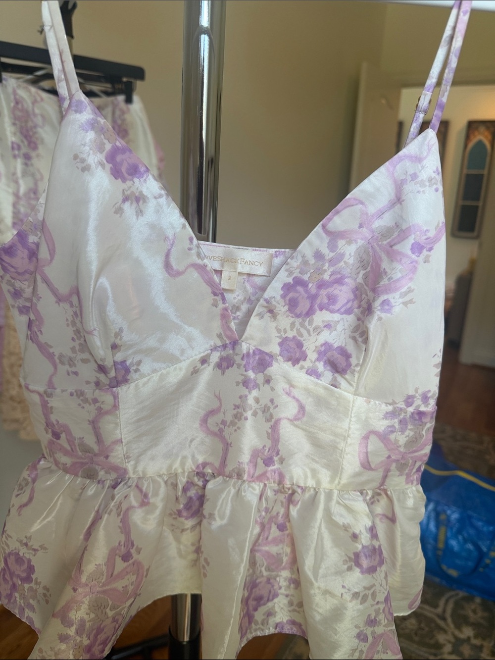 Sleeveless Floral Satin Peplum Camisole in Lavender Cream